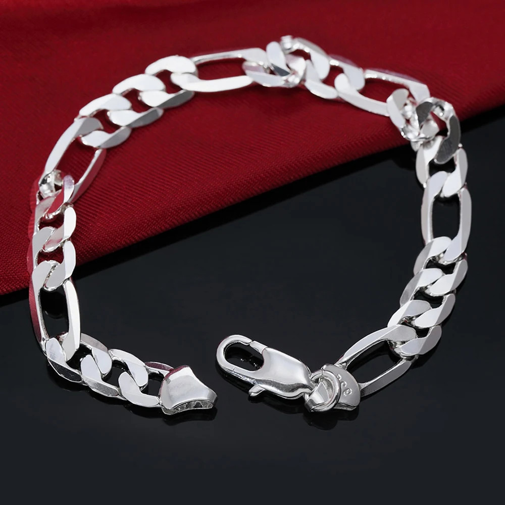 8 Inch Gold Bracelet 8MM Gold/Silver Color Full Side Figaro Chain Bracelet.