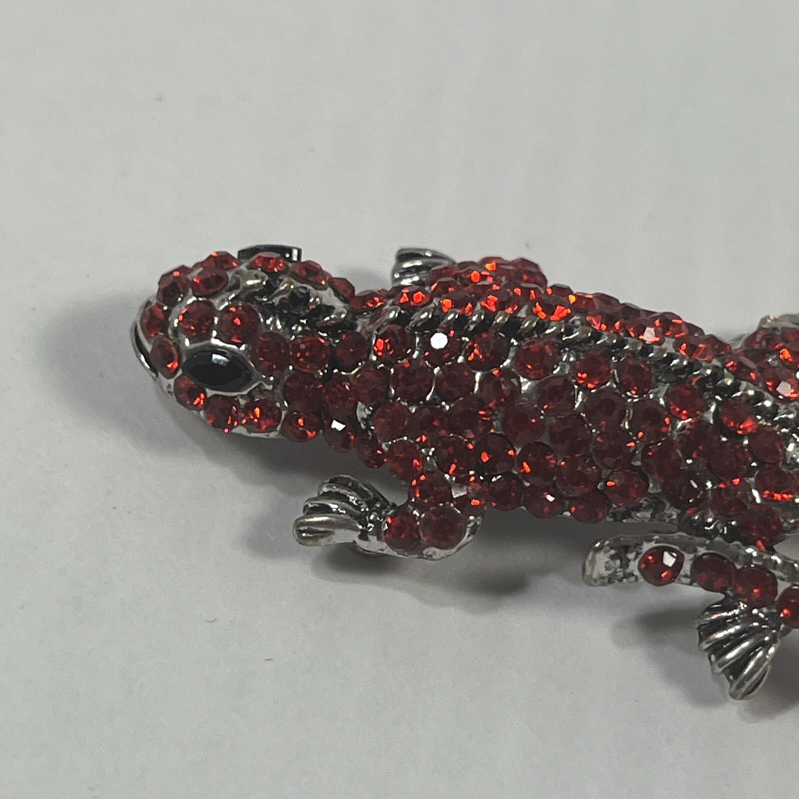 Gecko Red Rhinestone Lizard Pendant 2.25 In Silver