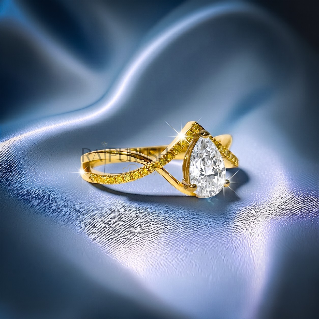 14K Yellow Gold Plated Pear Cut Moissanite Engagement Ring Twisted Silver Bridal