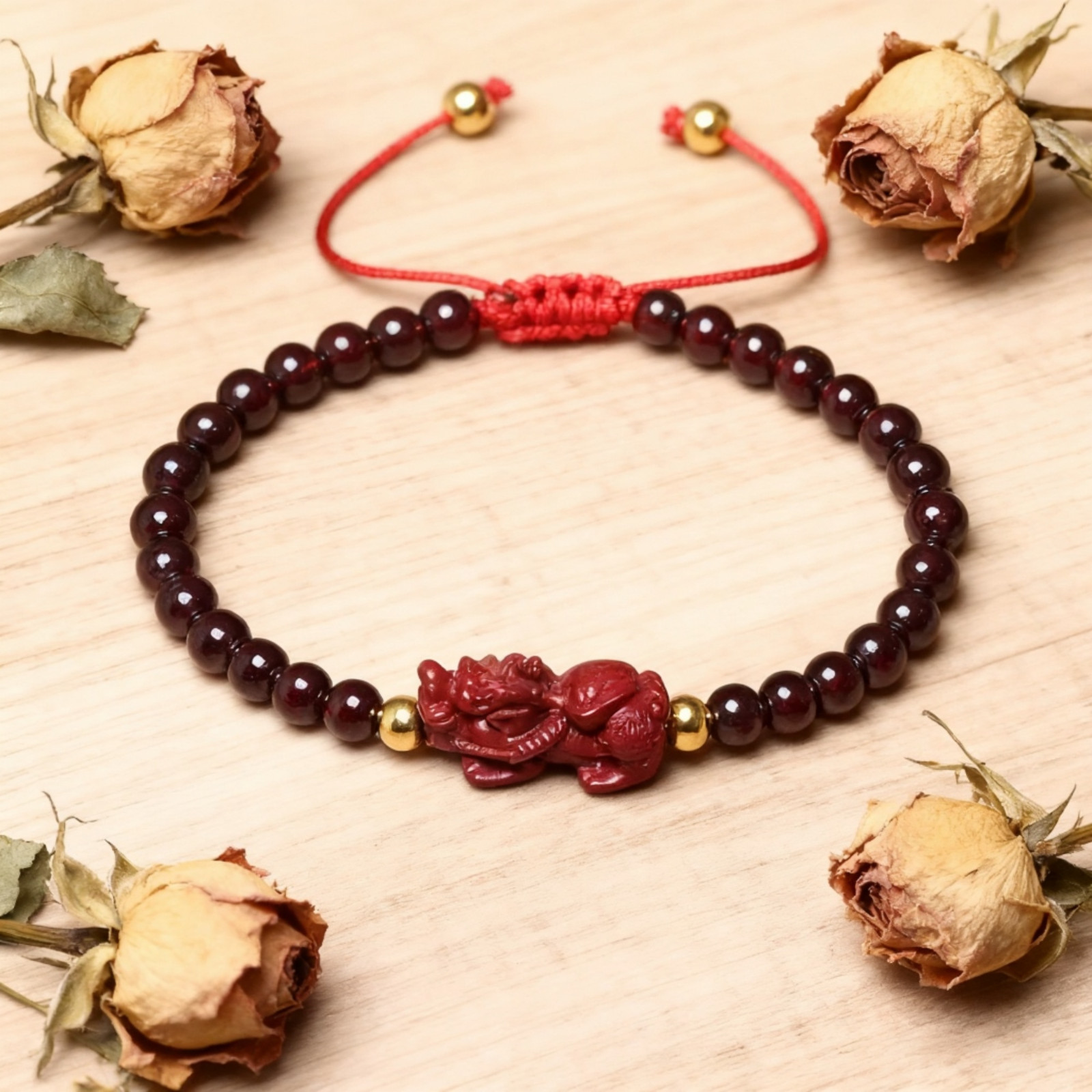 Natural Garnet Crystal Gemstone Bead Pixiu Wealth Healing Luck Women Bracelet