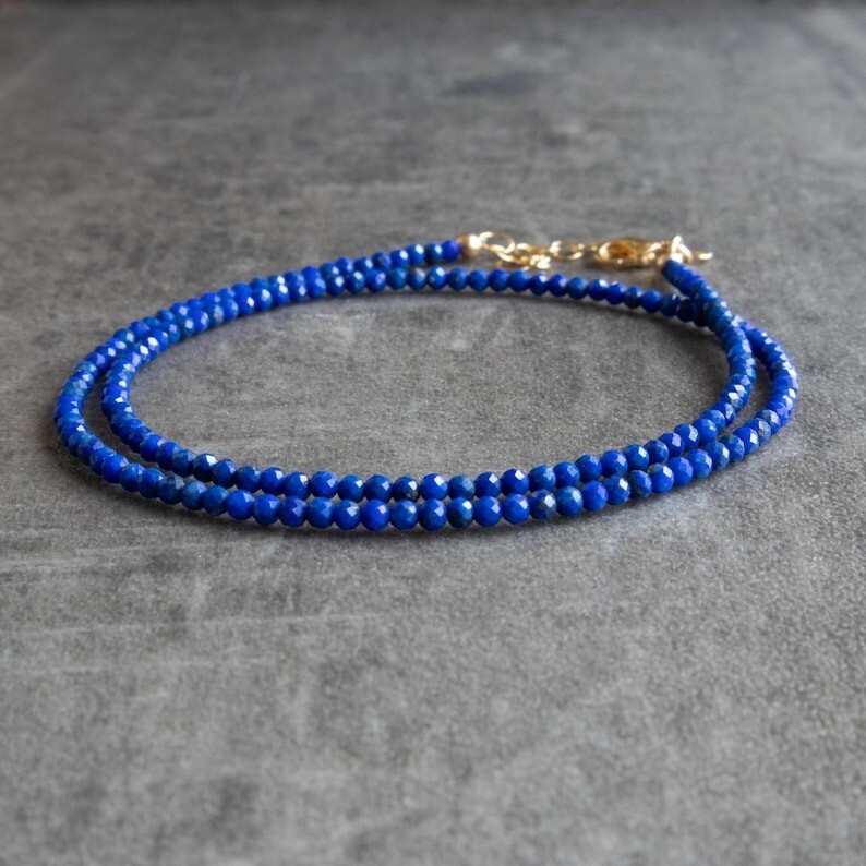 Dainty Lapis Lazuli Faceted Round Gemstone Beads Handmade Women Necklaces 18”