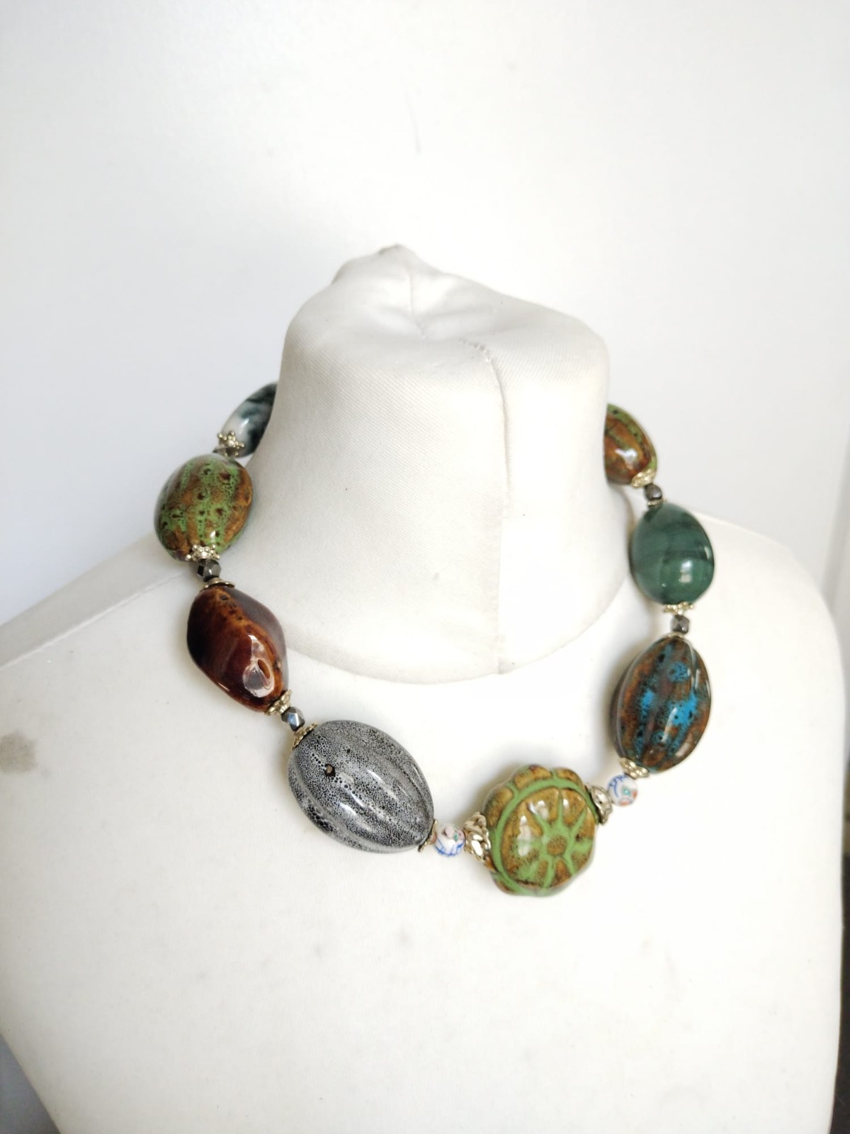 Chunky Glazed Ceramic Mixed Shapes Beaded Statement Necklace, blue green brown