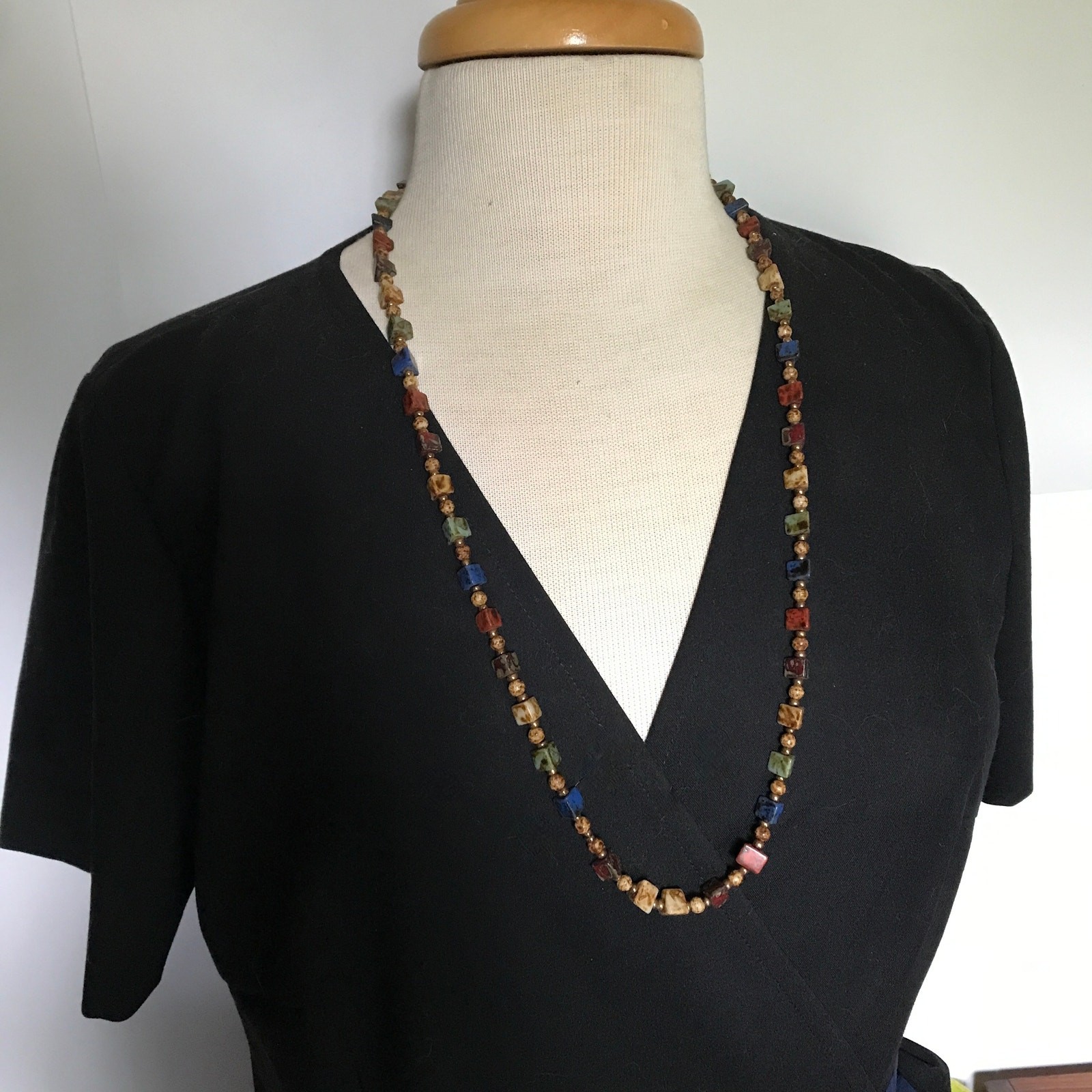 Artisan semiprecious mixed agate colorful beaded long necklace appr. 30″