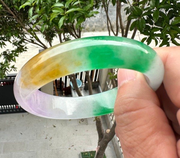 Natural Grade A Jadeite Bangle Tri-Color Green Lavender Yellow Burmese Jade 62mm