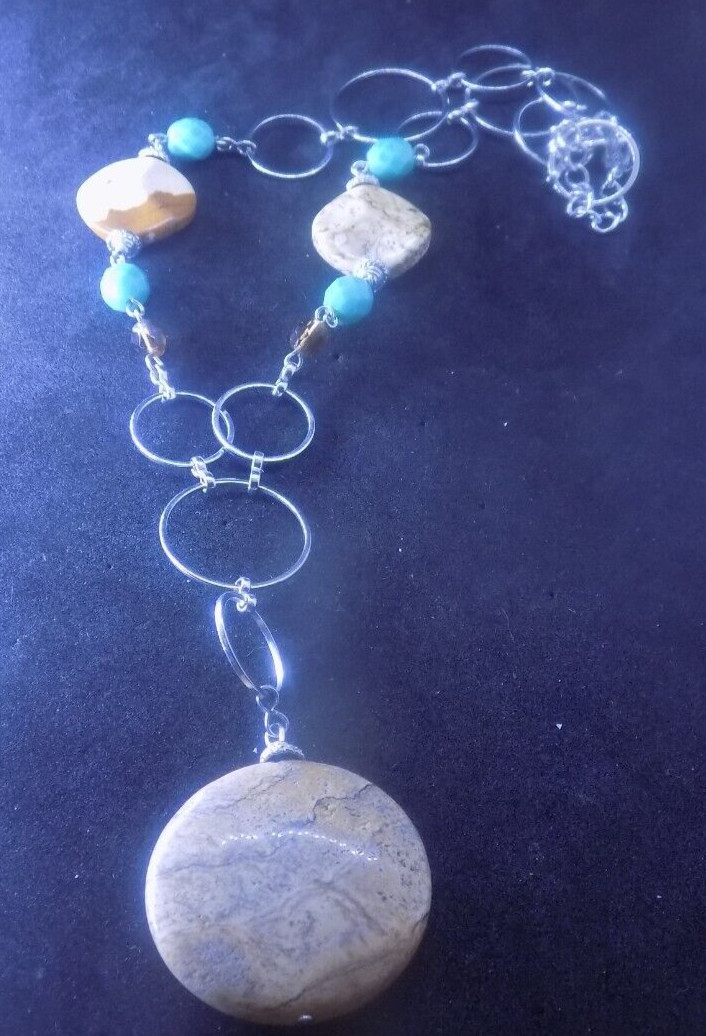 Essence Made In USA Necklace SILVER VARIOUS Brown AND Blue STONES 15- 17″ (333)
