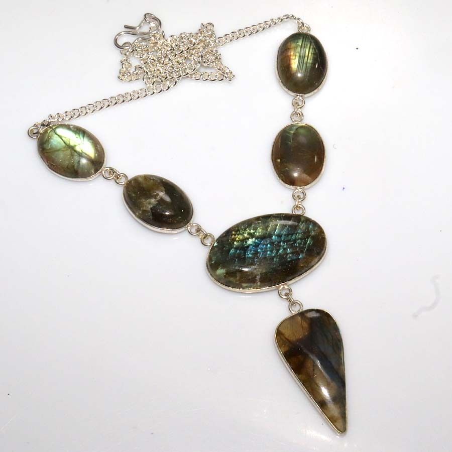 925 Silver Plated Outstanding Fiery Labradorite Necklace 16″ Most Beautiful GW