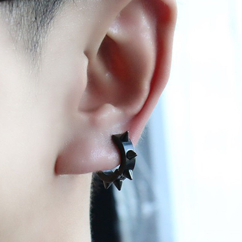 Punk Rock Stainless Steel Spike Circle Huggie Hinged Hoop Earrings for Men Women