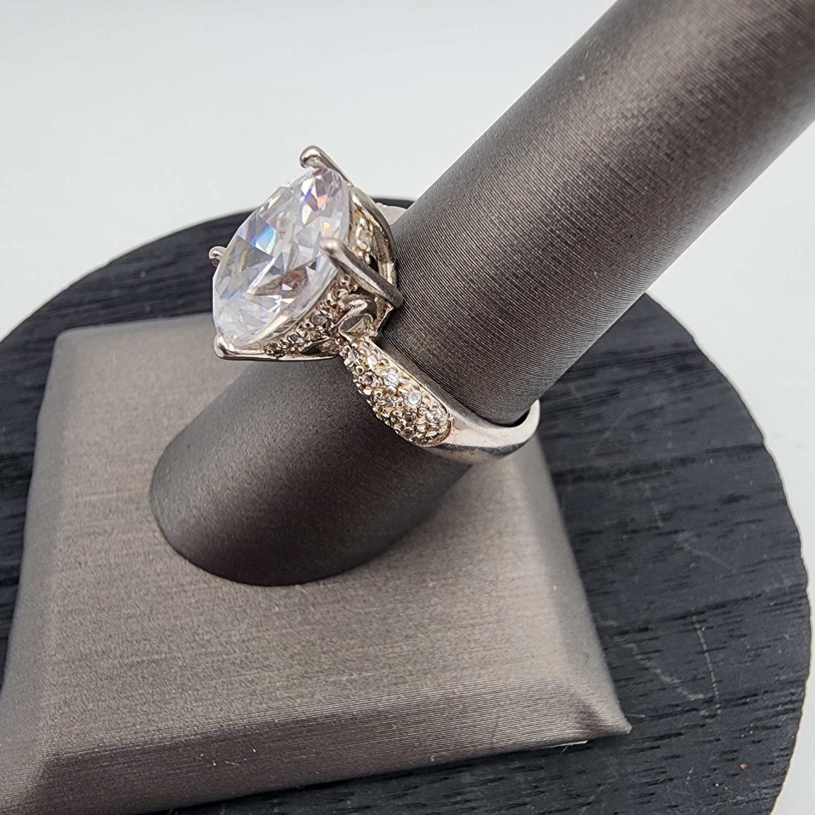 925 Sterling Silver Big Oval Cubic Zirconia Pave Statement Engagement Ring 7.5