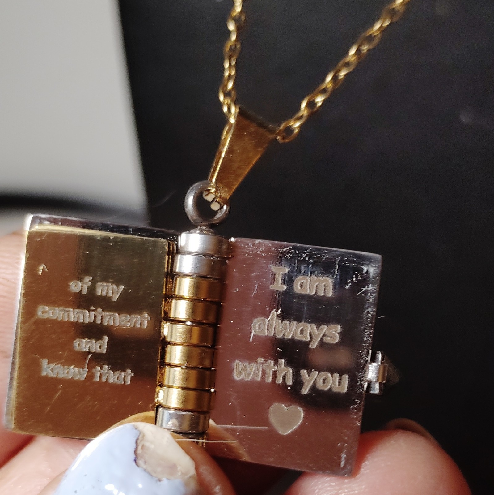 Gold Plated Cable Chain Necklace Rectangle Book Locket Pendant Engraved Love