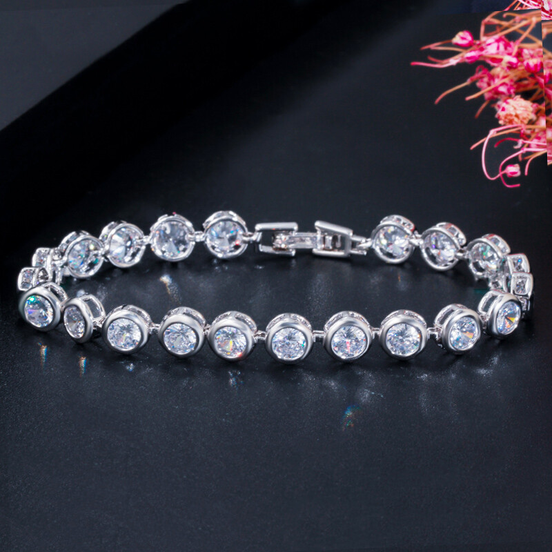 Beauty Round Cubic Zirconia Yellow Gold Plated Multicolor Rainbow Women Bracelet