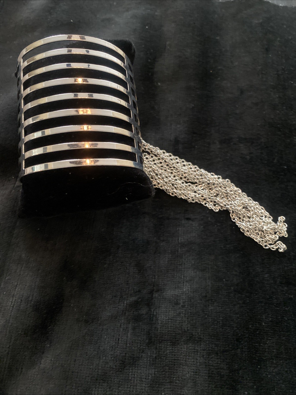 Vintage Bracelet Cuffed Cage Silver Tone Fringe Tassle Y2K Chunky Statement Punk