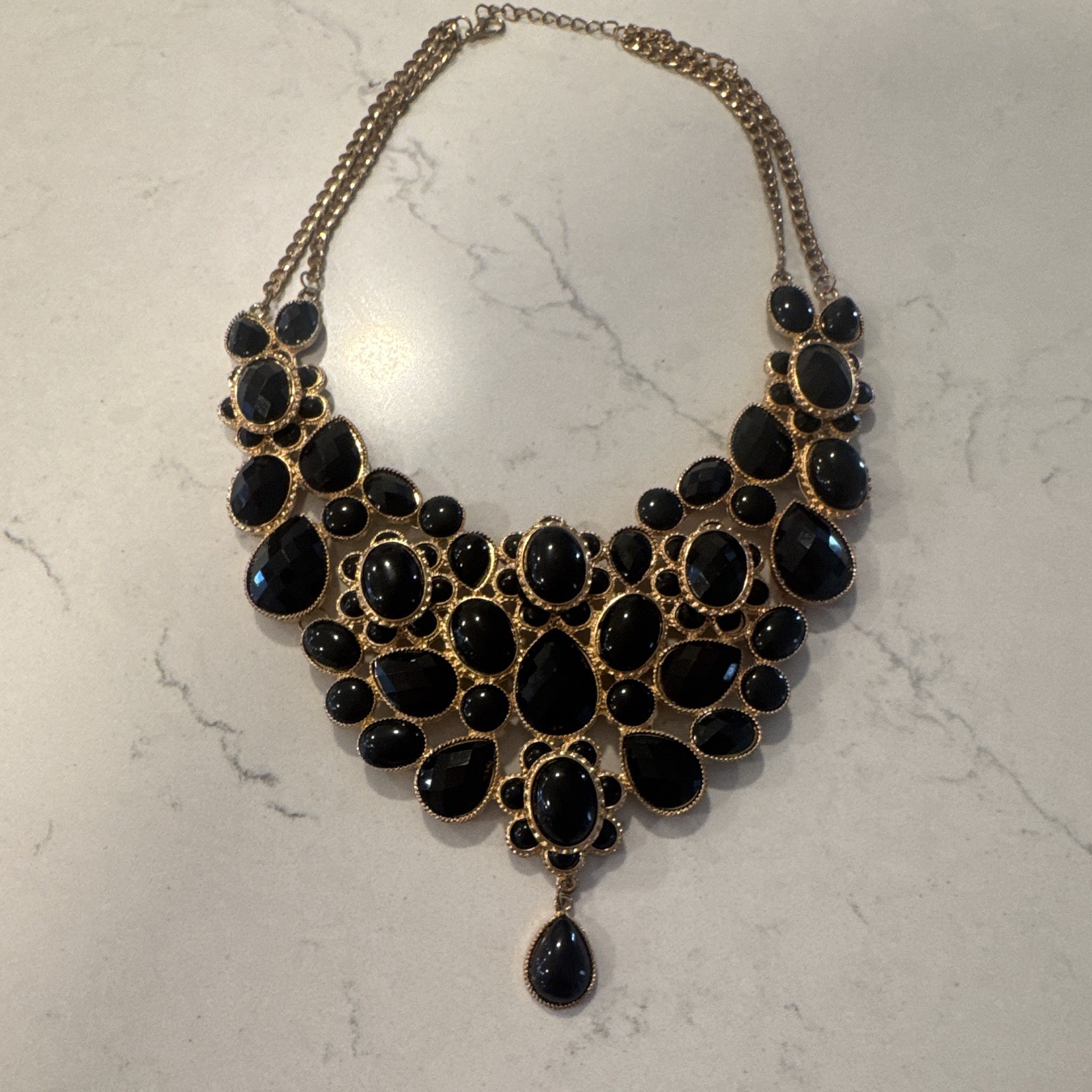 Black Crystal Statement Bib Necklace Gold Tone Curb Link Chain Adjustable