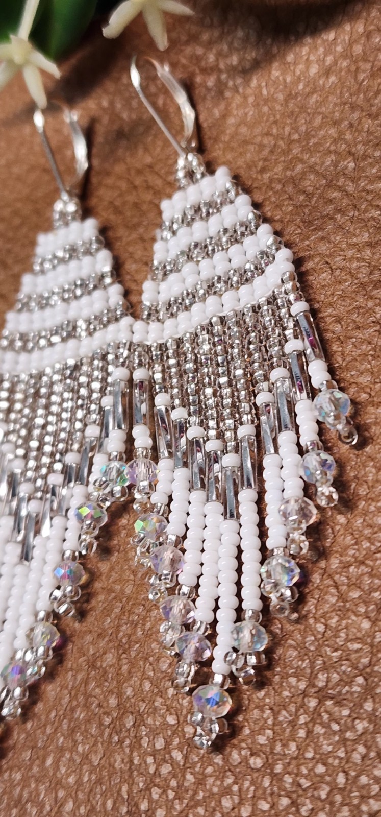 Elegant Brighton White Crystal Beads Earrings with Delicate Desi . Leght 3.5 In