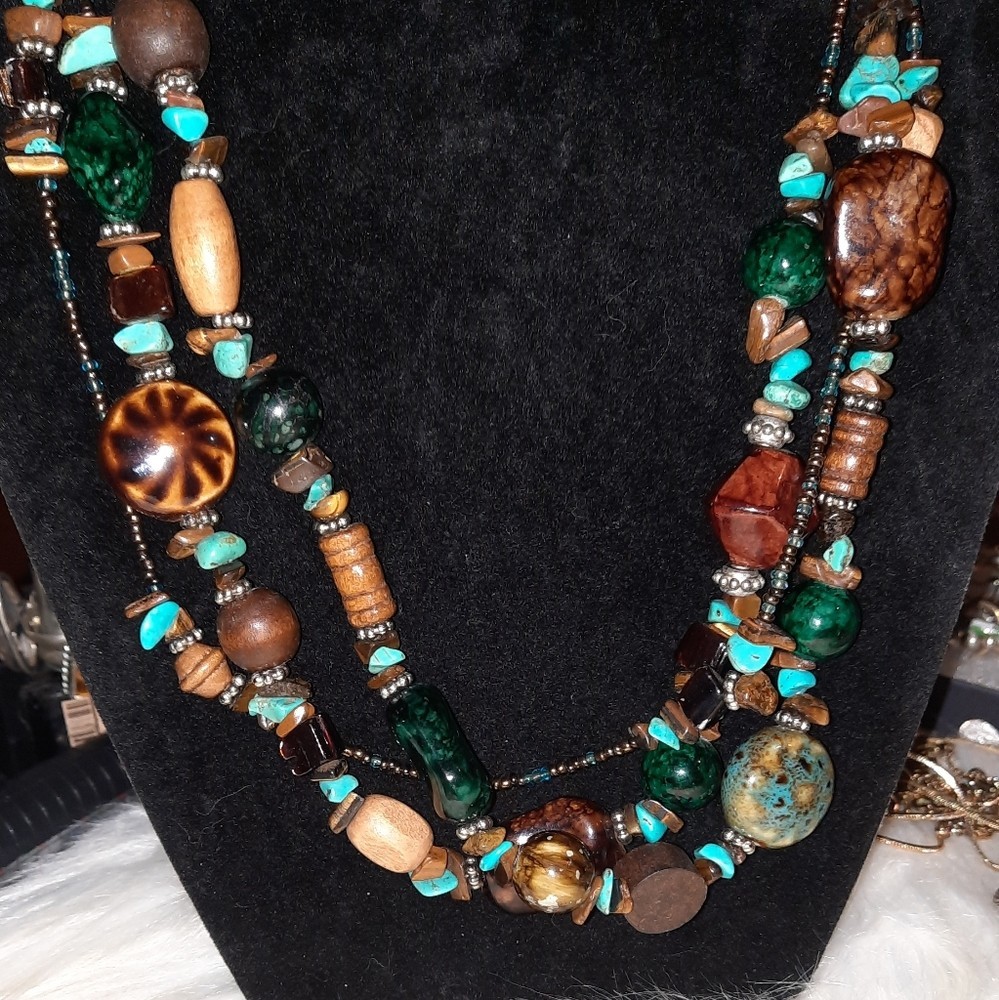 Stone, ceramic, wood, Glass seed beaded necklace Multistrand necklace
