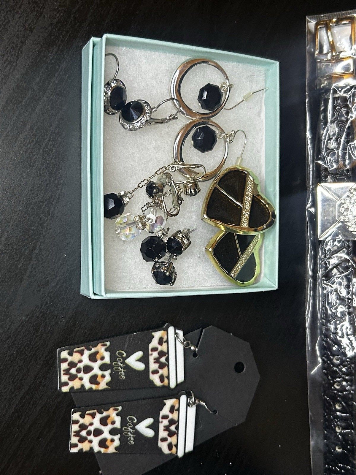 Black & Silver Glass Round Stone Jewelry Set w/ Necklace, Bracelet & Earrings