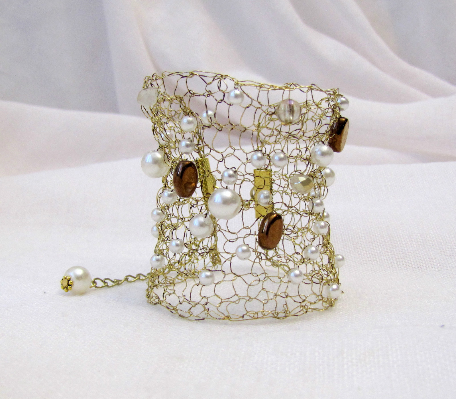 HAND KNITTED FROM GOLD WIRE AND FRENCH PEARLS WIDE BRACELET BANGLE