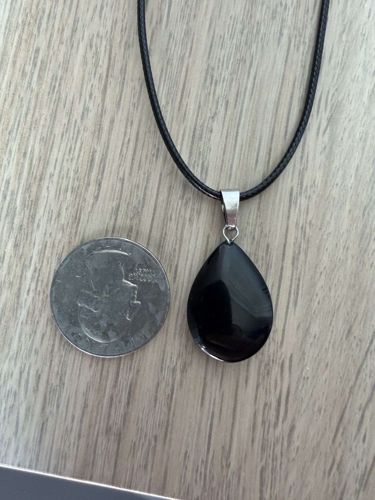 Black Onyx Teardrop Pendant Necklace 19in Braided Cord Silver Bail Crystal New