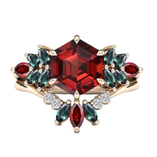 2 Piece Hexagon Cut 925 Silver Cluster Engagement Ring Set for Women (Garnet)