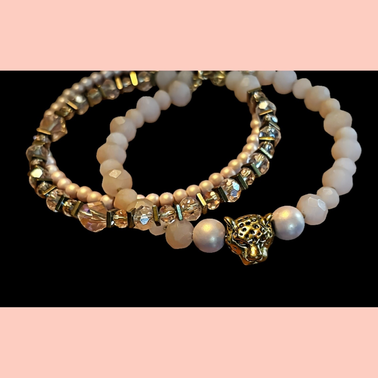 Pink Triple Strand Bracelet With Glass Beads & Matte Pink Pearls