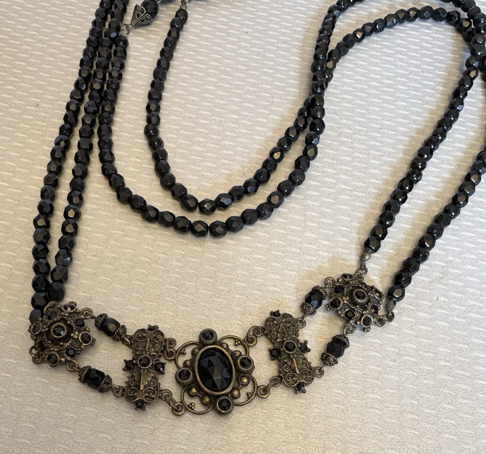 Vintage SWEET ROMANCE USA Victorian Revival Black Glass Bead Brass Necklace 42”