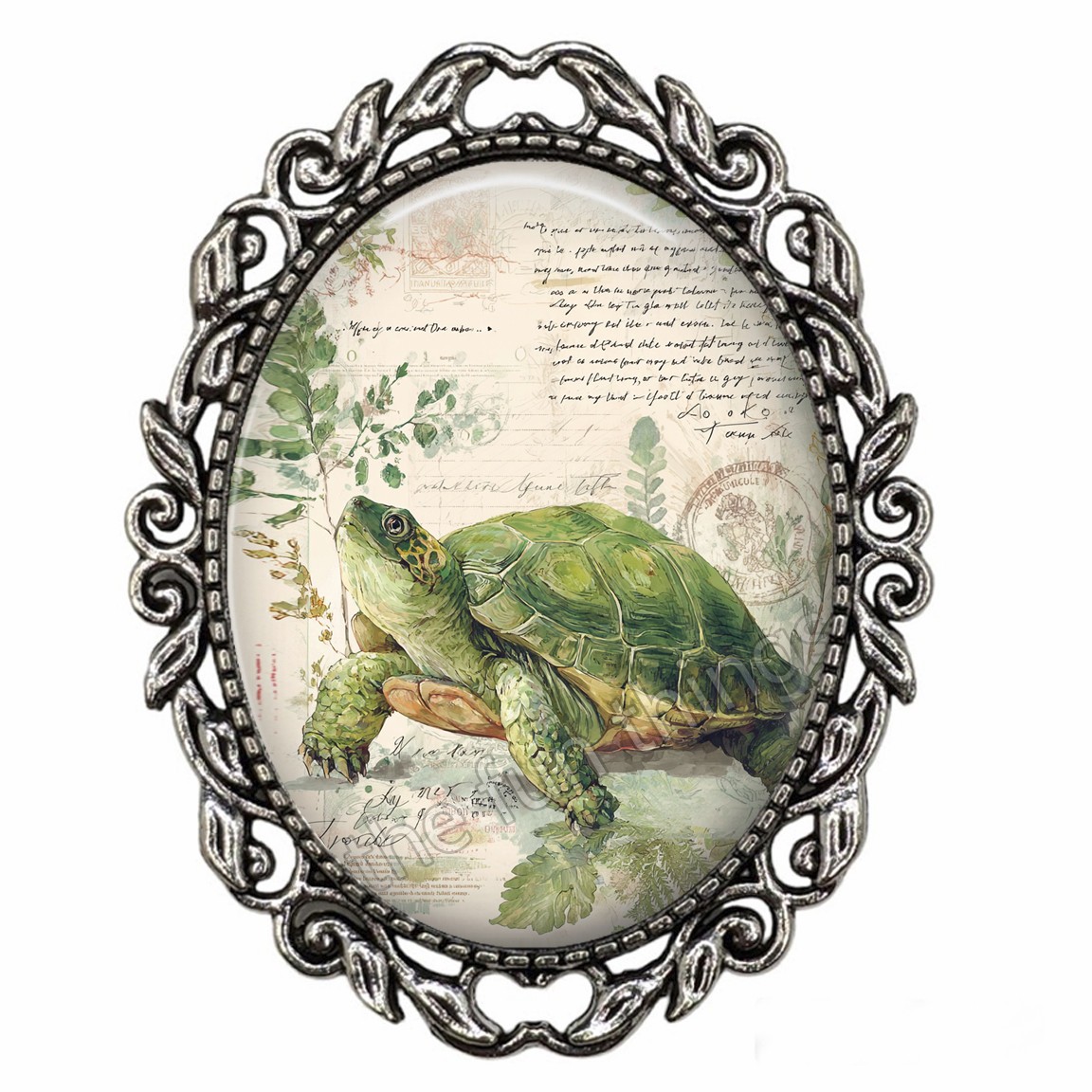 Botanical Accents Art Print Turtle Brooch Pin Handcrafted Fashion Jewelry Gift