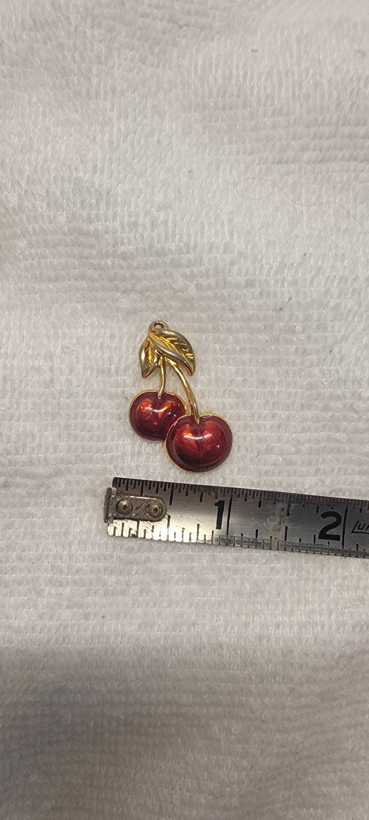 Avon Gold Tone Red Enamel Cherry Pin Brooch, Signed, Fruits & Vegetables, 1.5 in