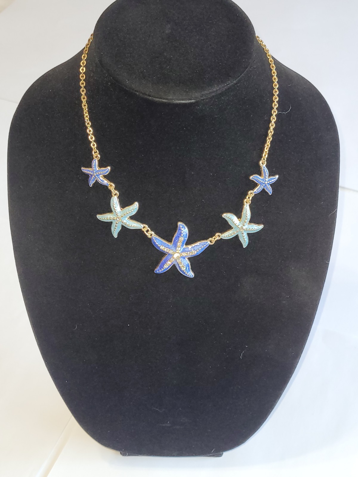Beach Starfish Necklace Gold Tone Blue Green Enamel Clear Rhinestone Ocean…