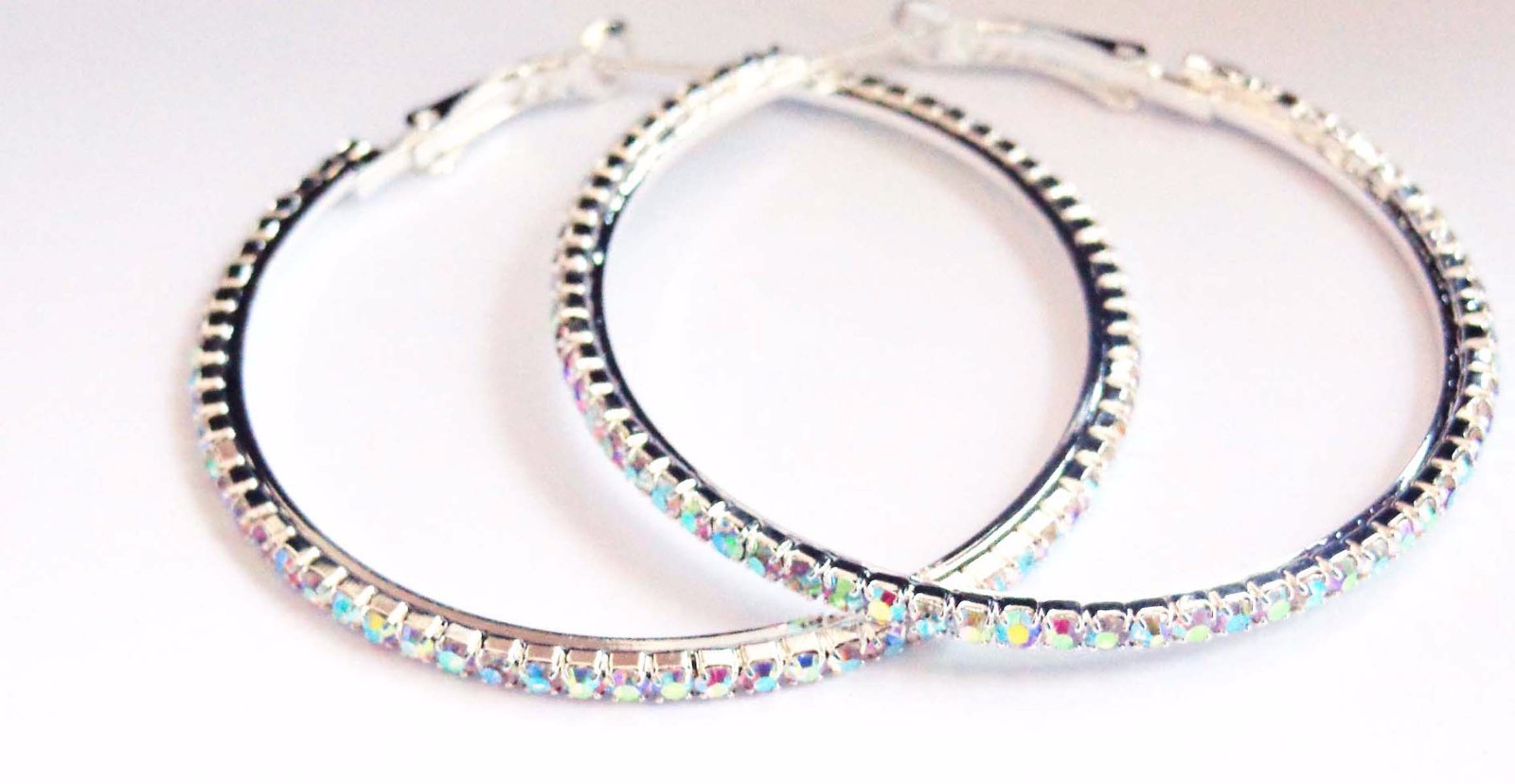 IRIDESCENT RHINESTONE HOOP EARRINGS RHODIUM SILVER 1.75 INCH HOOPS CRYSTAL