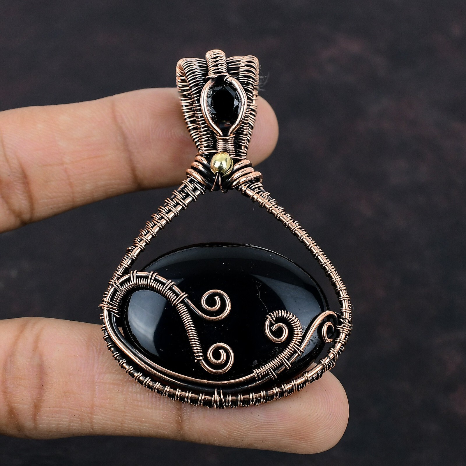 Black Onyx Wire Wrapped Pendant Handcrafted Copper Dailywear Jewelry 2.68″