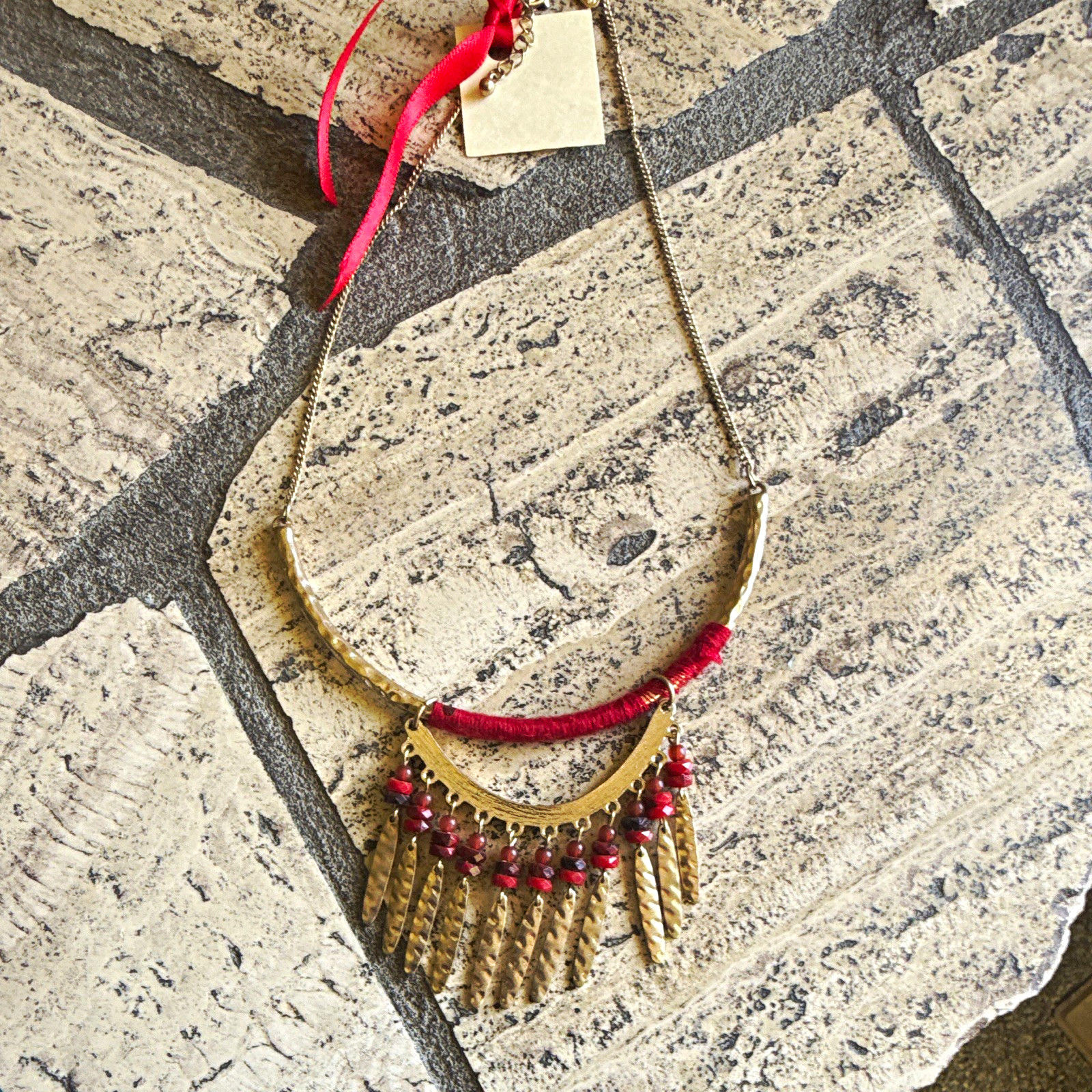 Gold Tone Metal Crescent Tassel Fringe Pendant Necklace on Cord, Red Accents