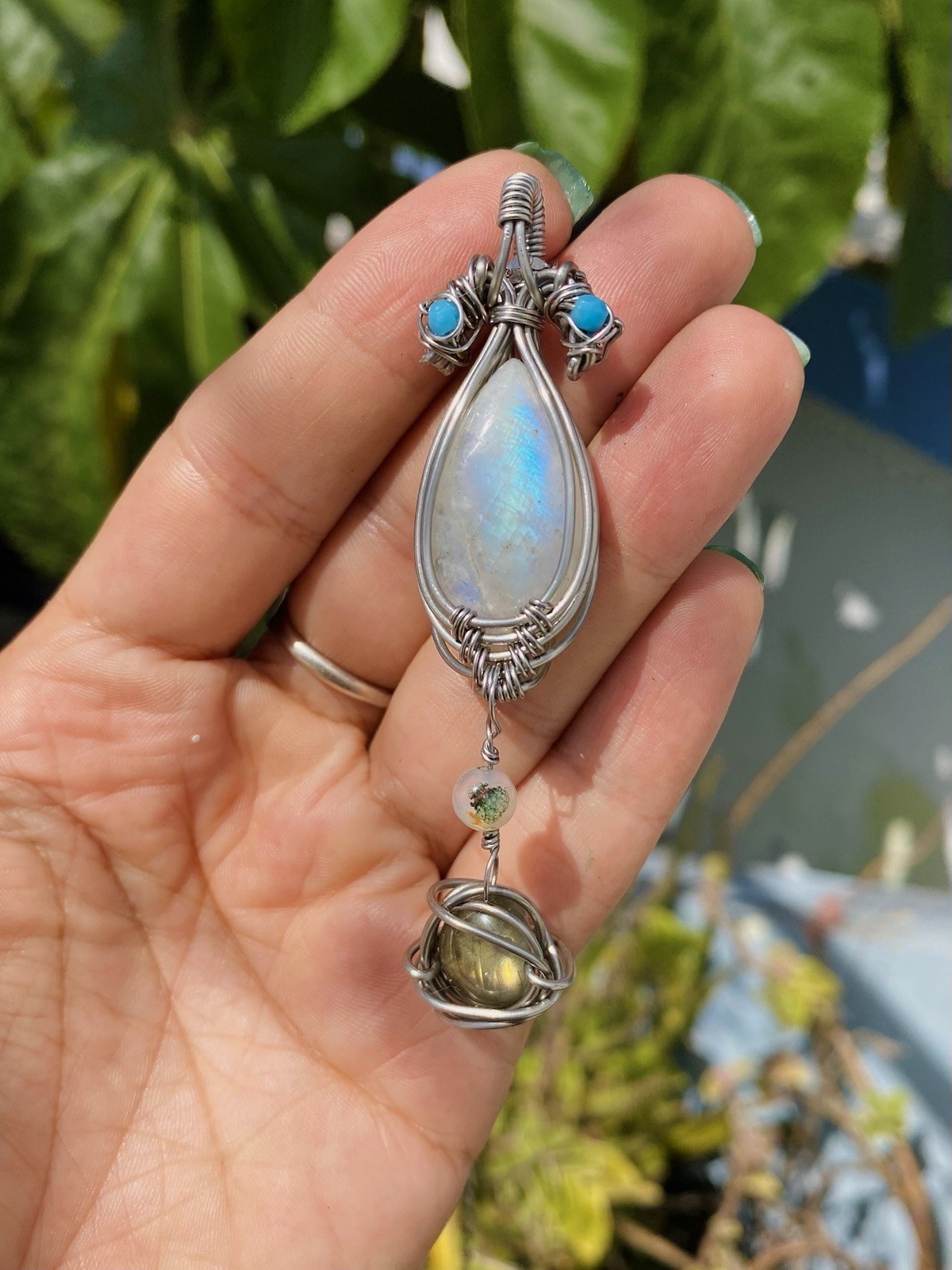 Handmade Wire Wrapped Moonstone & Labradorite Necklace Steel Wire & Chain