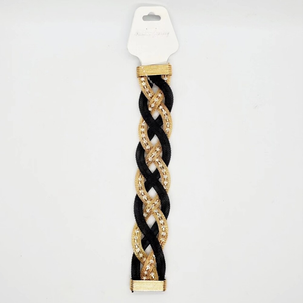 Fashion Jewelry Rhinestone Black & Gold Mesh Braided Bracelet NWT