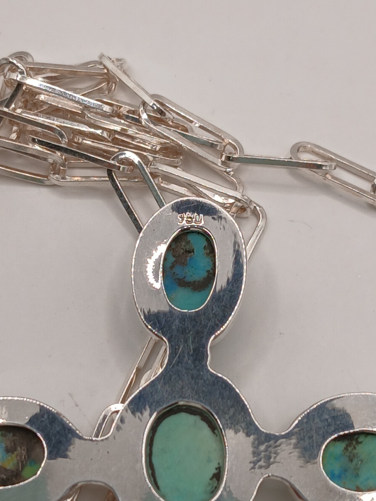 Sterling Silver 925 Paperclip Chain Natural Green Turquoise Cross Pendant 24in