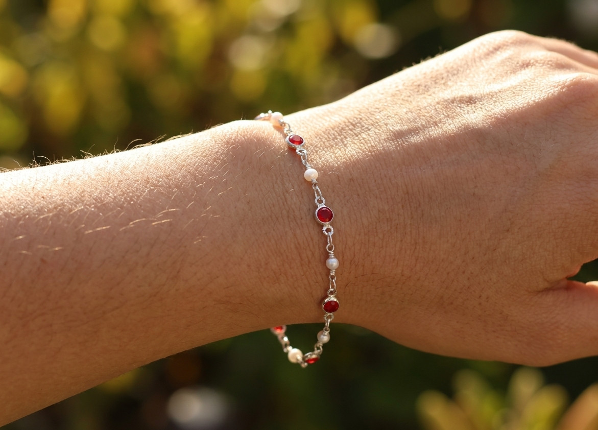 Red Ruby & Pearl Silver Plated Minimalist Boho Chain Bracelet | Handmade Premium