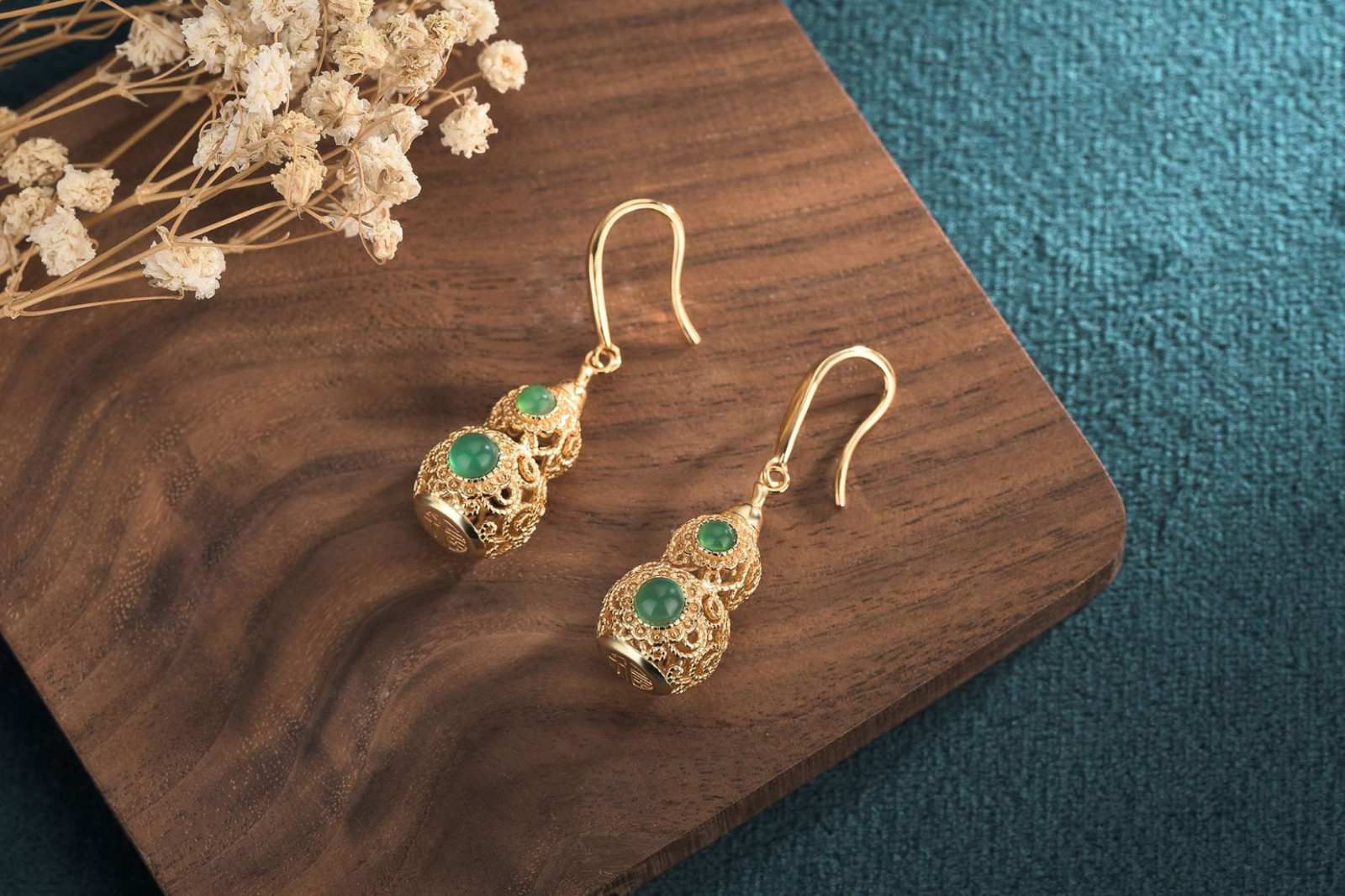 Jade Drop Dangle Earrings Hollow-carved Gourd Gemstone Ear Hook 18K Gold Plated