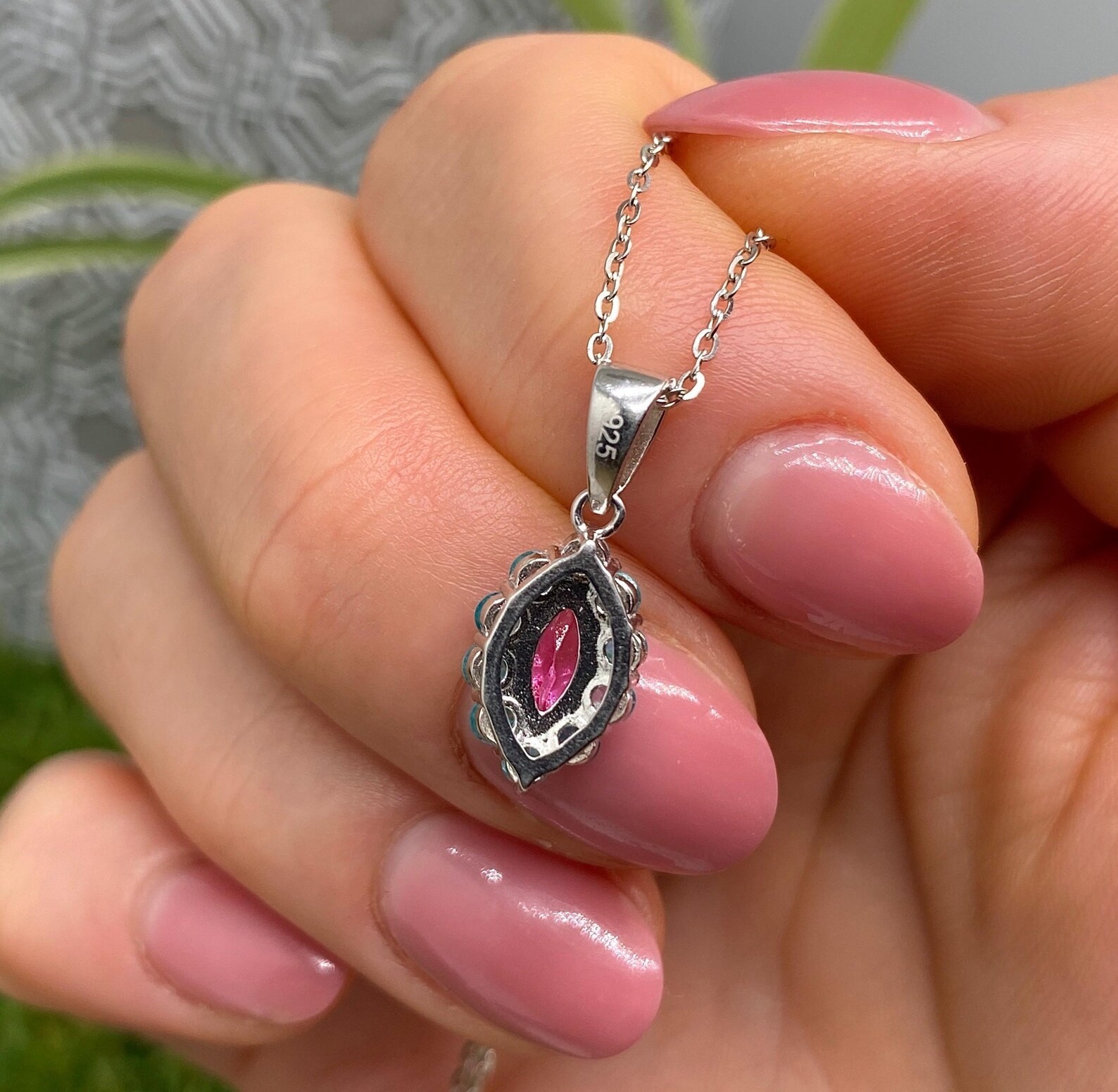 Natural Pink Sapphire & Blue Aquamarine Halo Pendant 925 Sterling Silver Chain