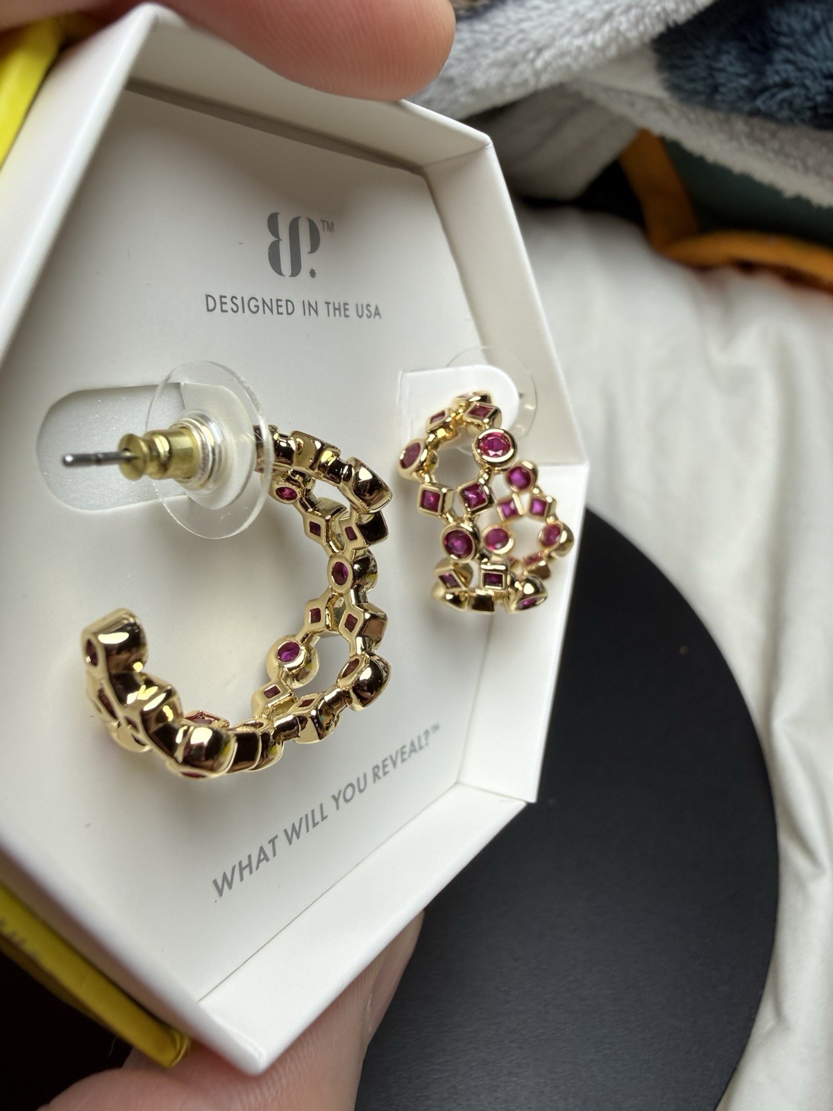 BP Detailed Drama Yellow Gold Plated Pink Lab-Created Ruby Hoop Earrings ER44281