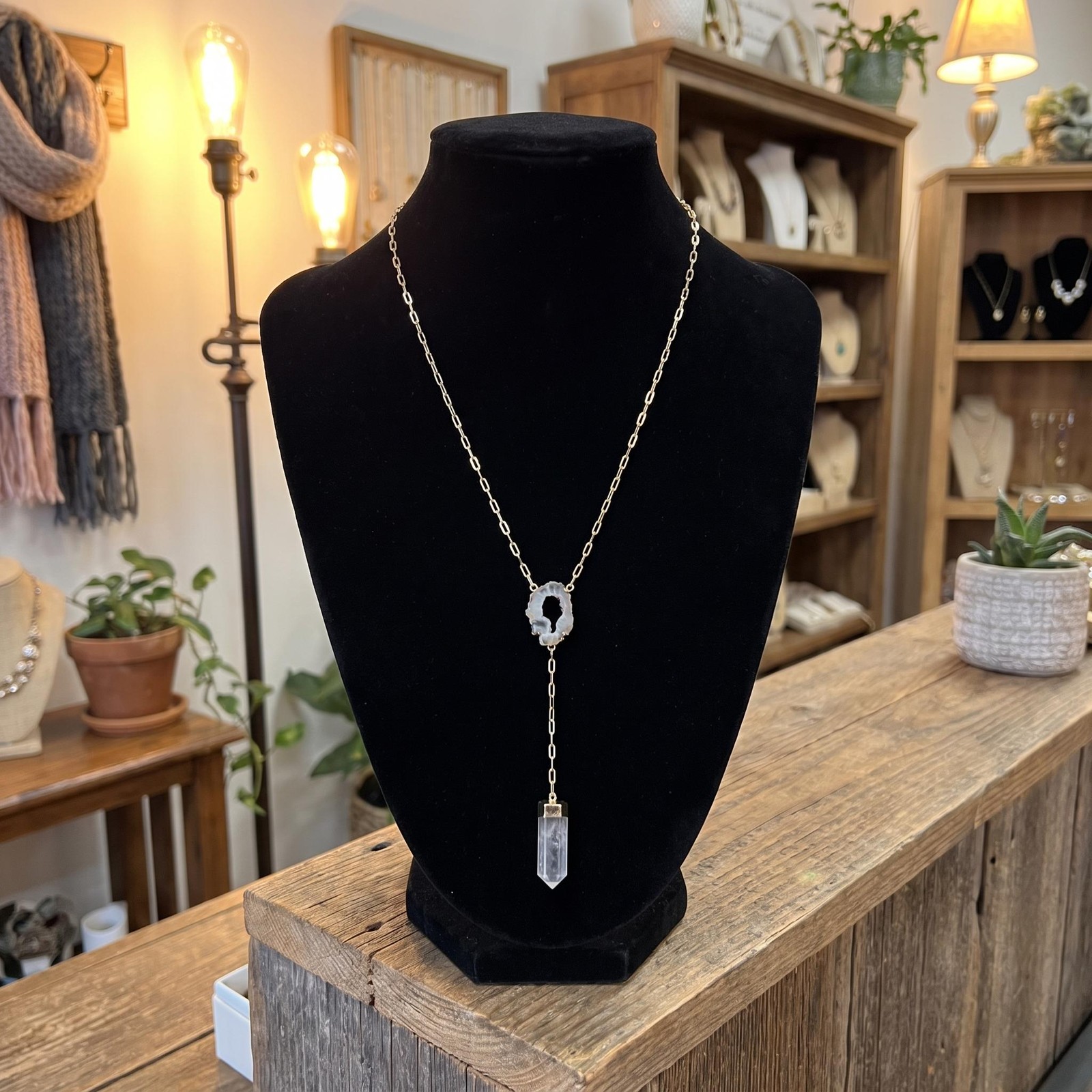 Quartz and Oco Geode Extra Long Lariat Y Drop Necklace (Gold Plated)