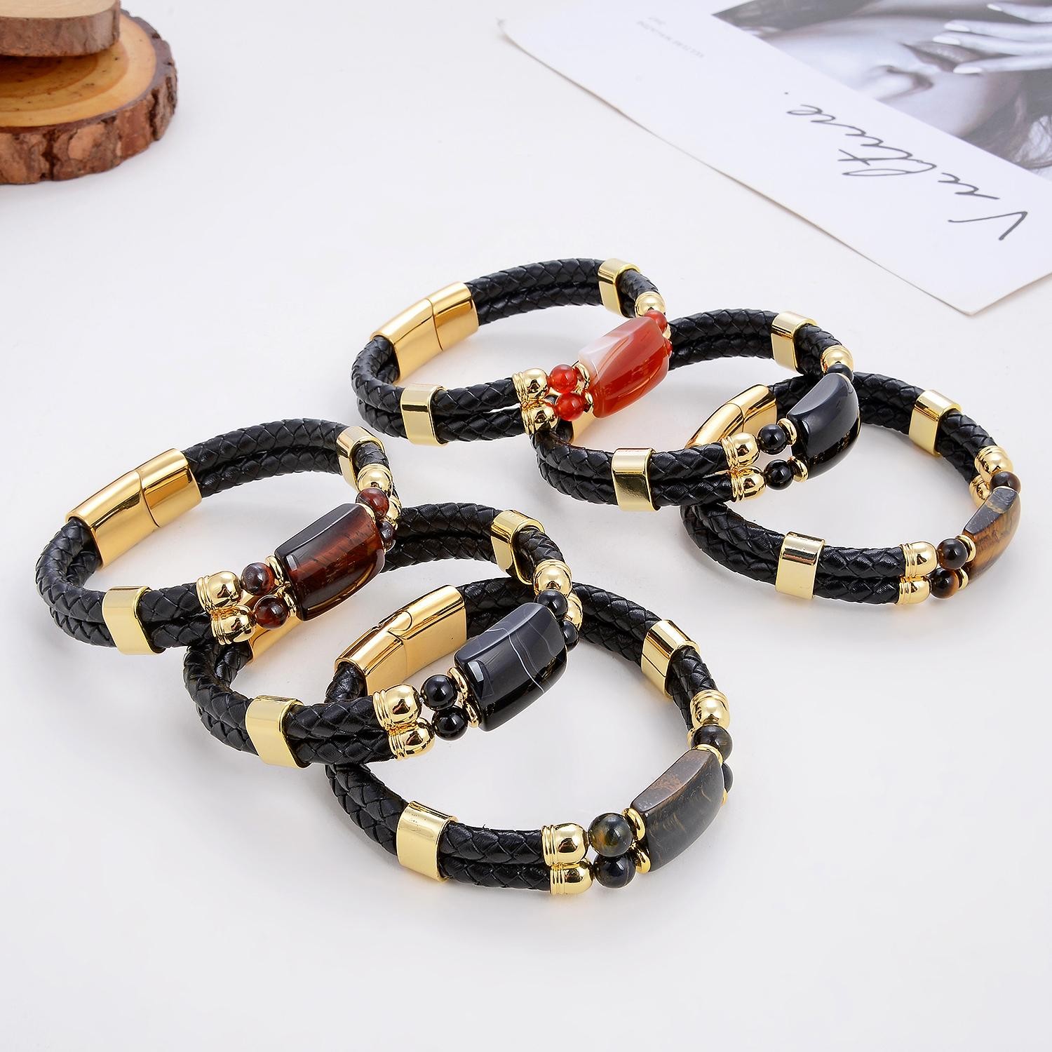 6 Style Natural Stone Bracelet Women Stainless Steel Magnetic Clasp Leather