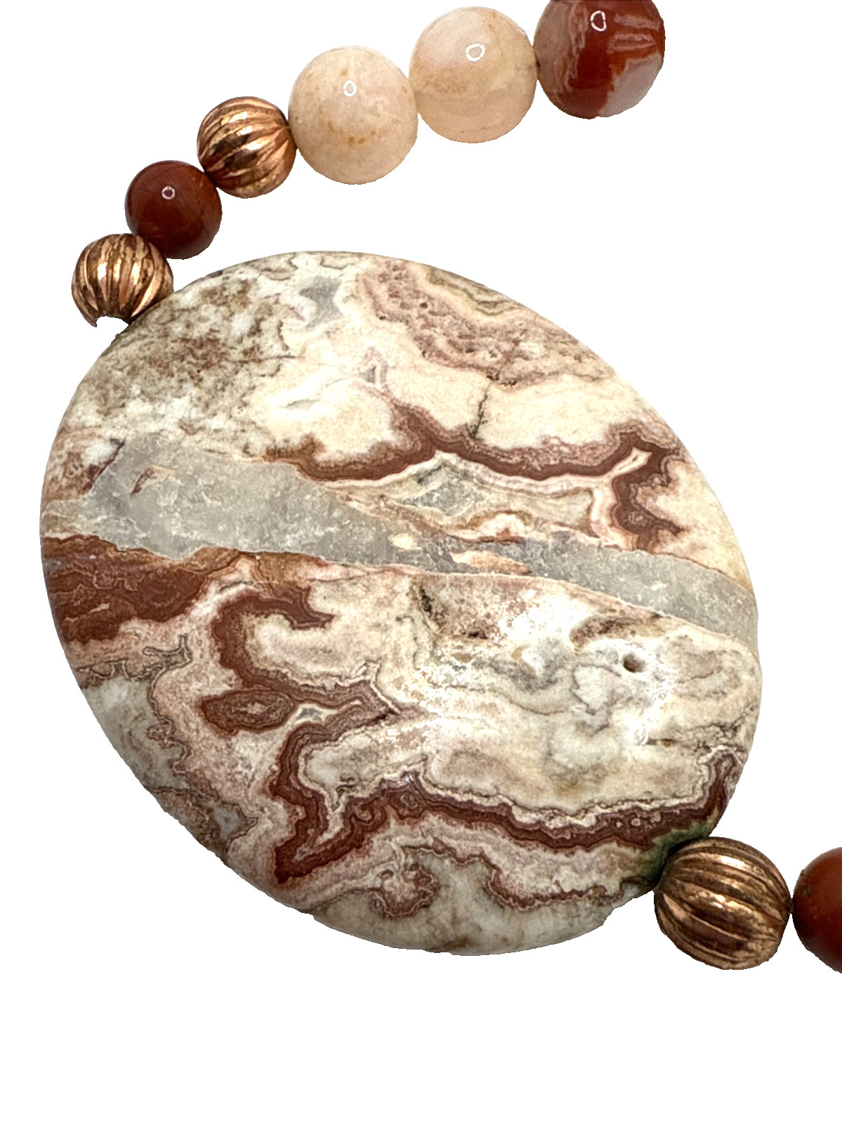 Artisan Pink Rosetta Jasper Necklace Beaded Moss Agate Stone Pendant Boho 23″
