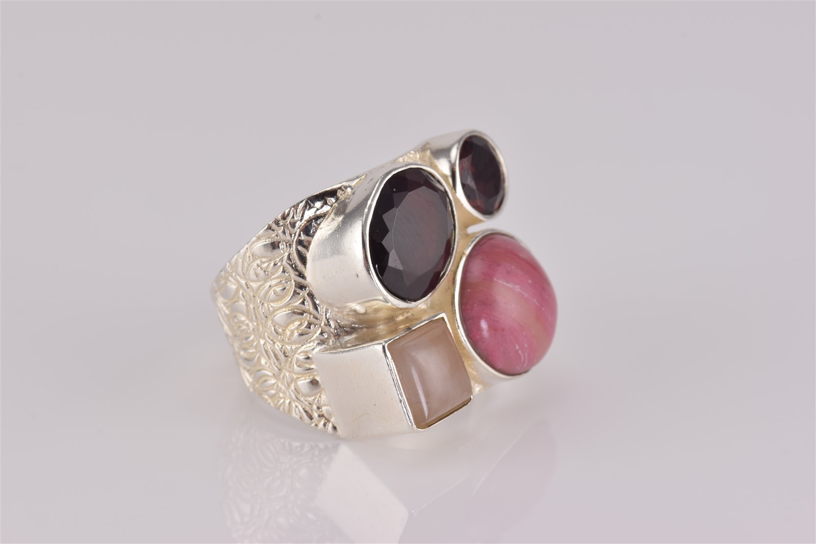 DTR Sterling Silver Rhodochrosite Garnet Quartz Textured Band Ring 925 Sz: 10