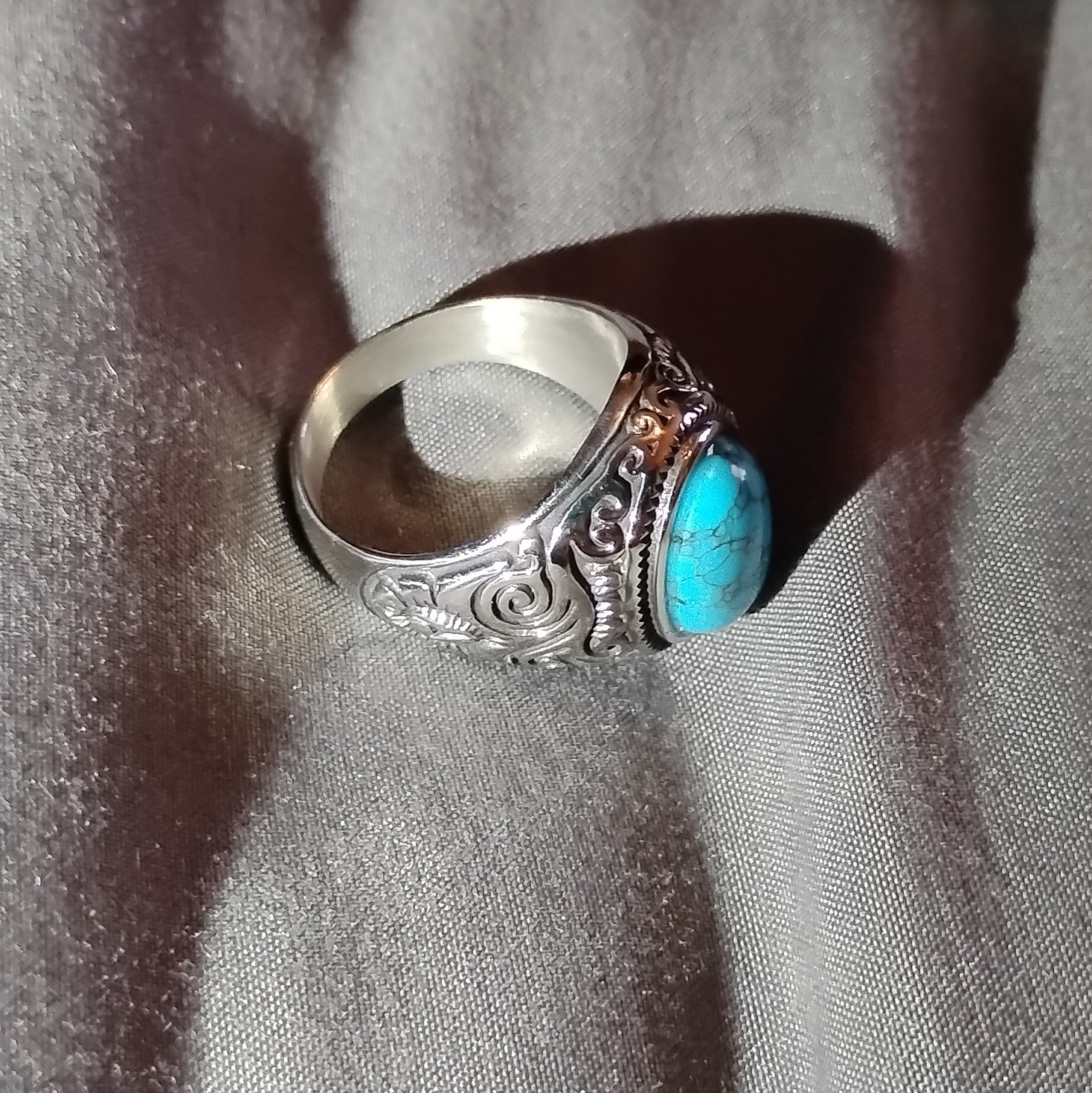 Outlaws Amsterdam Silver Tone Bezel Band Ring Size 10 Oval Blue Turquoise Stone