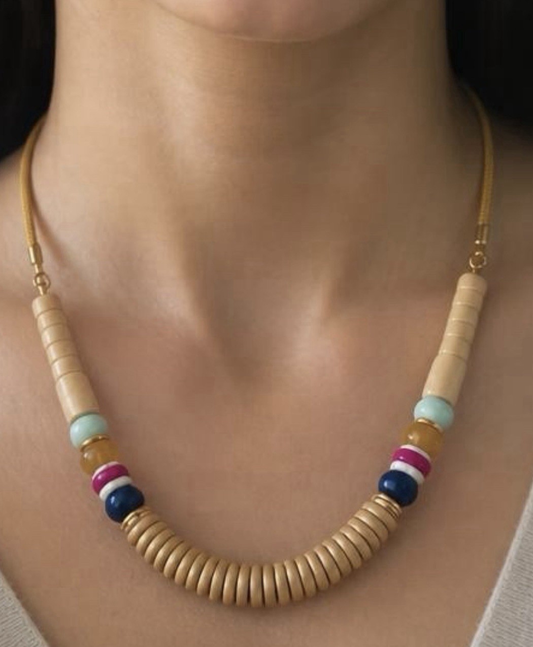 Boho Chunky Disc Bead Statement Necklace Earthy Neutral Tan Wood Look Colorful