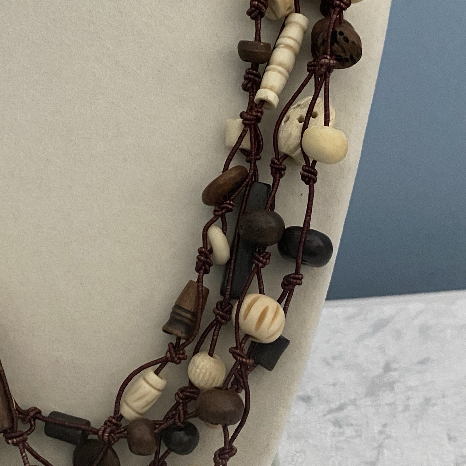 Multi-Strand Bead Necklace Collar Brown Cream Boho Tribal Chunky Layered