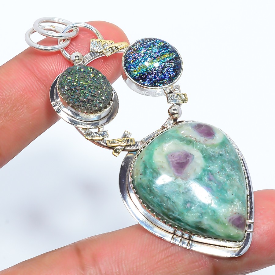 Ruby In Fuschite & Titanium Agate Drusy Simulated 925 Silver Pendant 2.73″ T96