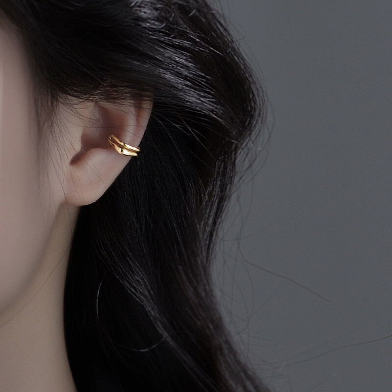 A Pair 925 Sterling Silver Gold Plated Double Lines Ear Cuff Earrings Women TH6