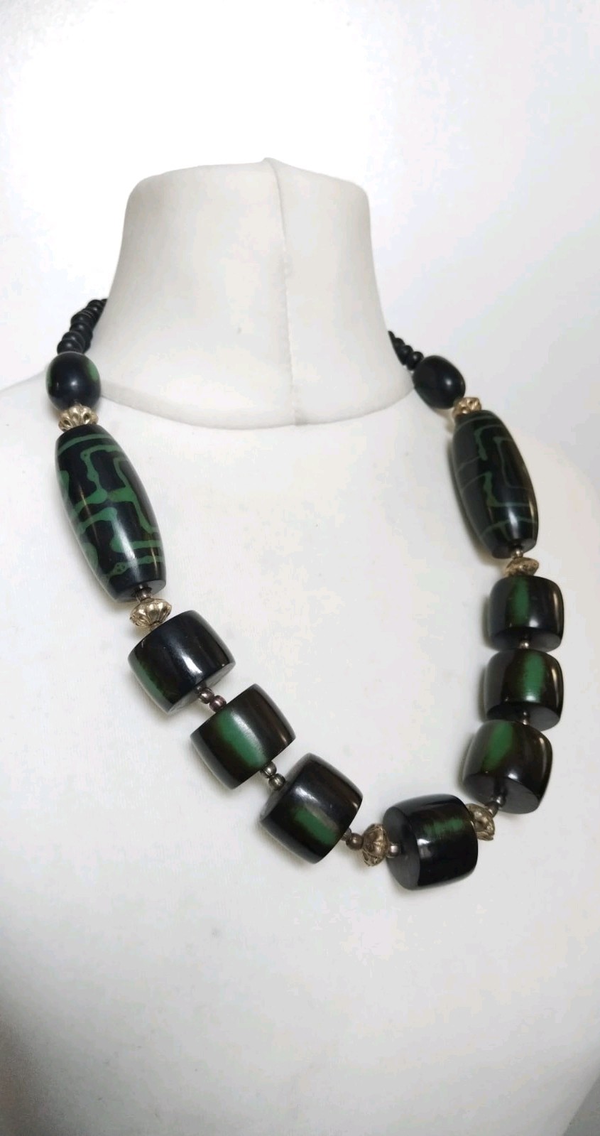 Vintage Chunky Black Green Resin, Metal Mixed Shapes Beaded Statement Necklace