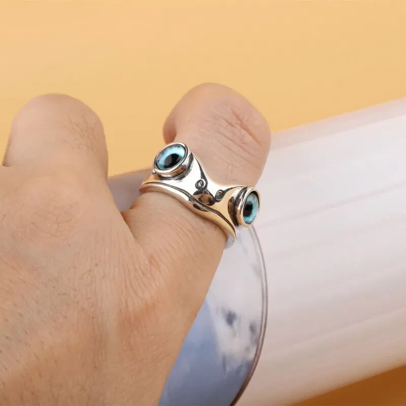 Cute Frog Blue Eye Silver Ring, Adjustable Size, Toad, Fun