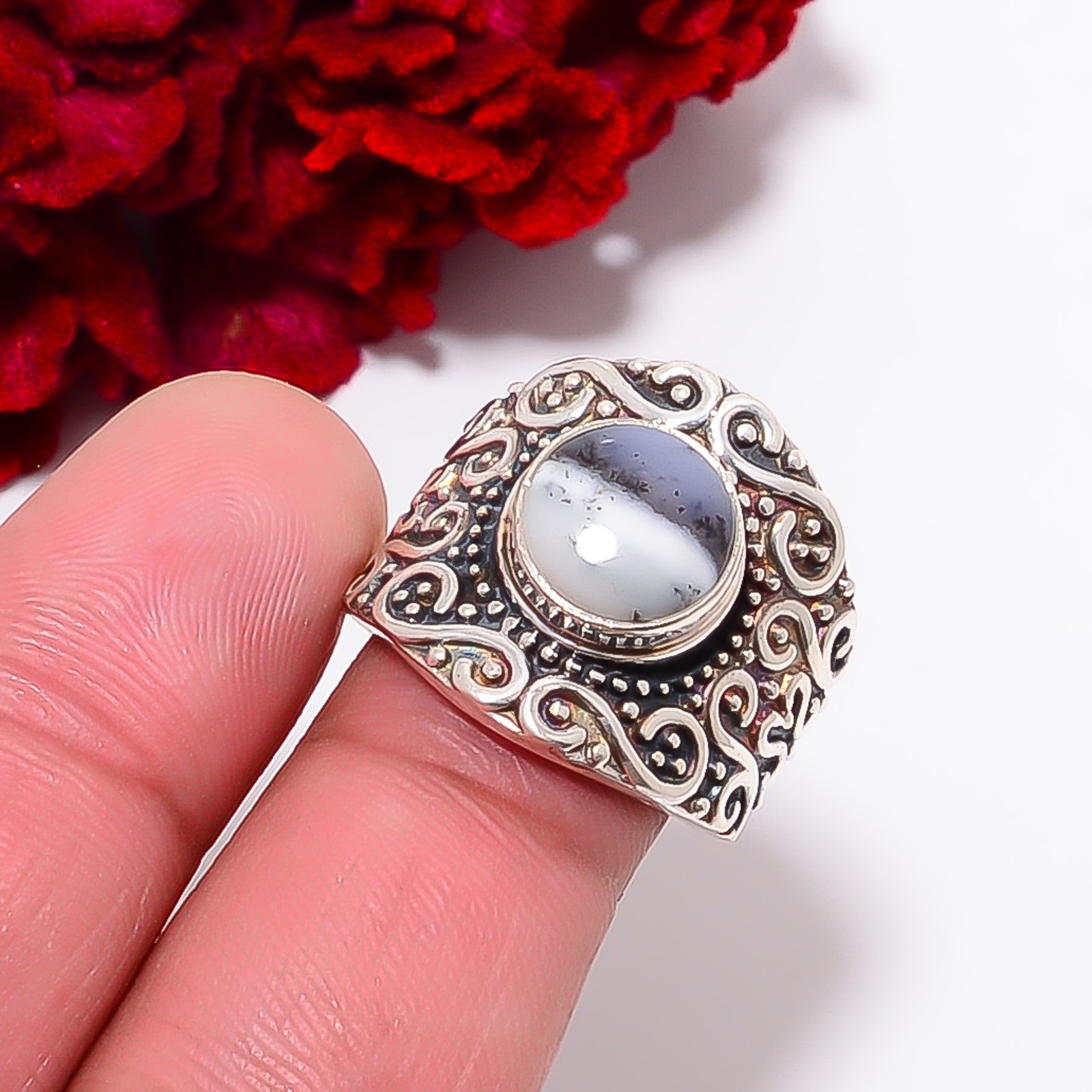 Dendritic Agate – Brazil Designer Handmade 925 Sterling Silver Ring S.7 R98344
