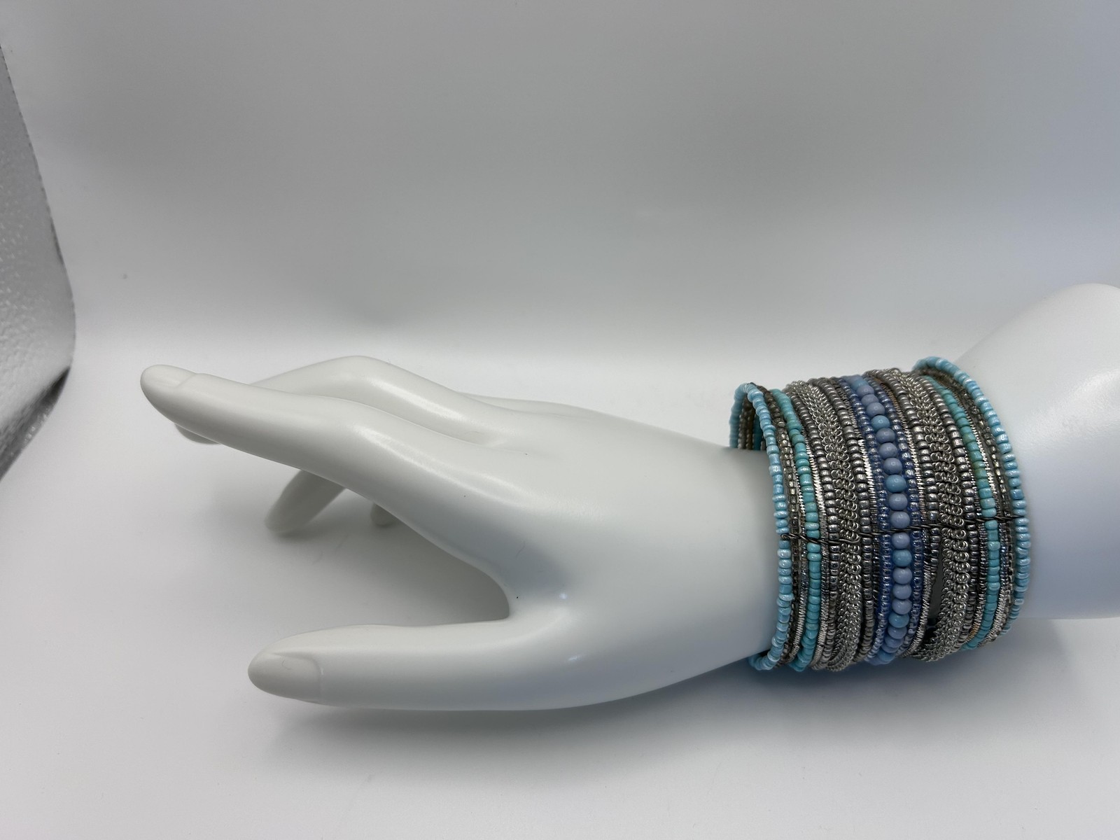 Bracelet Blue Beaded Wrap Cuff Silver Tone Multi Strand Boho 2.5 In Jewelry